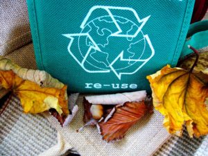 cestino per il riciclo dei materiali con scritta re-use e foglie di albero